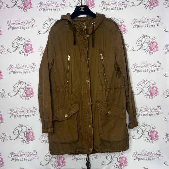 Garage cargo coat brown with gold hardware button up waist cinch jacket π§₯ - Picture 3 of 7